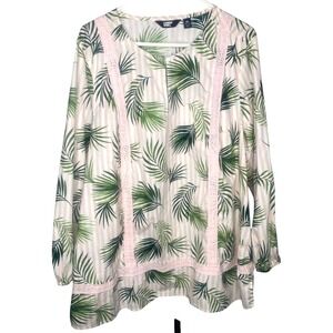 Land's End Tunic top Tropical button down Pink & Green Print long Sleeve Size 2X